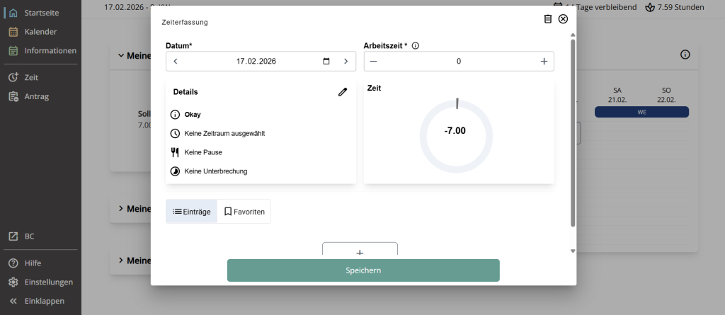 Das Bild zeigt die intuitive Oberfläche von timePLUS für die tägliche Zeiterfassung. Im Fokus steht ein übersichtliches Eingabefenster, das dem Nutzer die effiziente Dokumentation der Arbeitszeiten ermöglicht. Neben der präzisen Auswahl von Datum und Zeit bietet das System eine klare Zusammenfassung von Details wie Pausen oder Unterbrechungen, sodass der gesamte Zeitnachweis schnell und unkompliziert abgewickelt werden kann.