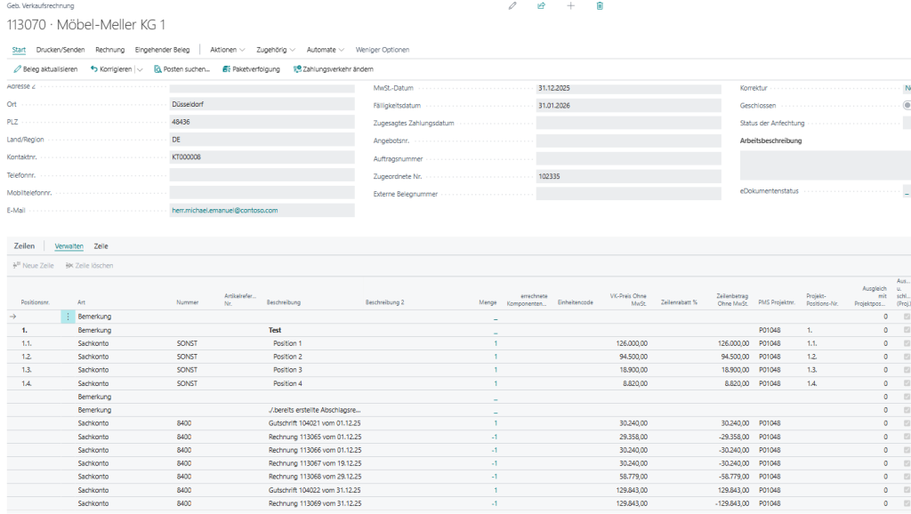 Automatisierte Schlussrechnung in Microsoft Dynamics 365 Business Central: Die Oberfläche zeigt eine klare Auflistung erbrachter Leistungen sowie die automatische Verrechnung bereits gestellter Abschlagsrechnungen und Gutschriften, um eine präzise und effiziente Endabrechnung zu gewährleisten.