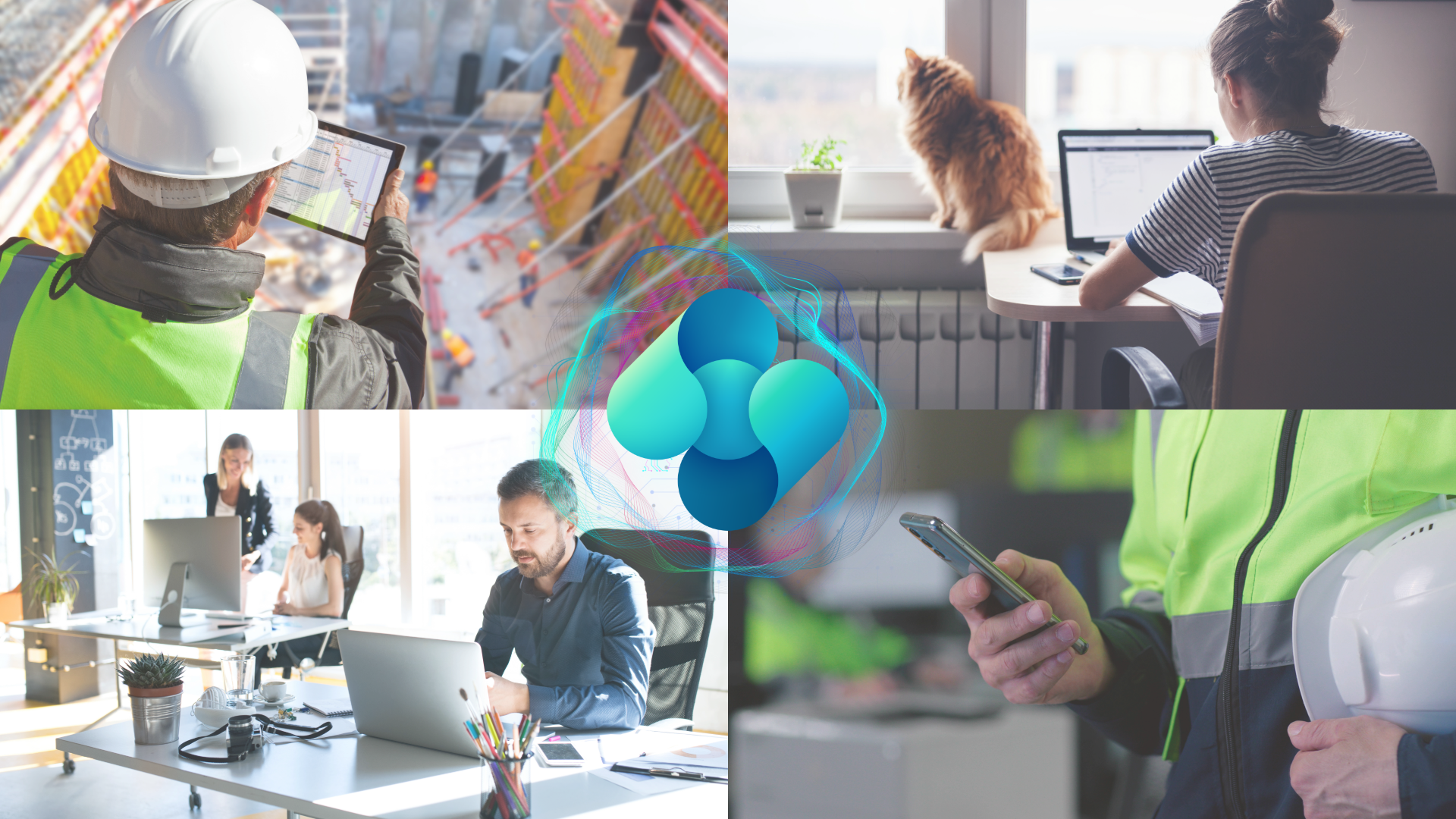 Übersichtsgrafik zur Cloud-Flexibilität von Microsoft Dynamics 365 Business Central. Das Bild besteht aus einer Collage von vier Szenarien, die die ortsunabhängige Nutzung der Software verdeutlichen: Oben links: Ein Bauleiter in Arbeitskleidung und Schutzhelm nutzt ein Tablet direkt auf einer Baustelle. Oben rechts: Eine Person arbeitet in einer ruhigen Homeoffice-Umgebung an einem Laptop. Unten links: Ein Mitarbeiter arbeitet in einem modernen, hellen Büro an seinem Laptop. Unten rechts: Eine Nahaufnahme zeigt eine Person in Arbeitskleidung, die mit einem Smartphone mobil auf die Cloud-Lösung zugreift.