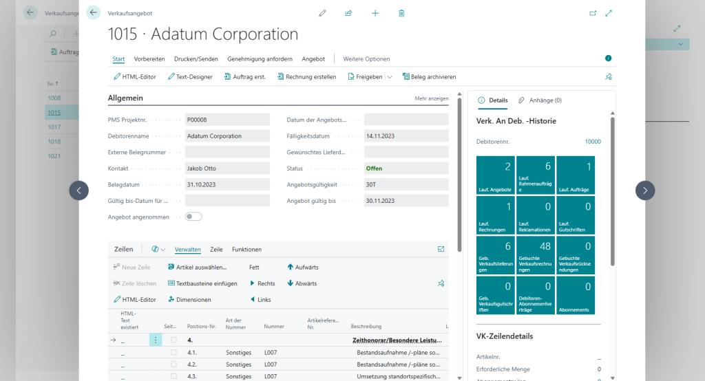 Strukturierter Vertriebsprozess in Microsoft Dynamics 365 Business Central: Ansicht eines Verkaufsangebots für die ‚Adatum Corporation‘. Das Dashboard bietet eine übersichtliche Zusammenfassung der Kundenhistorie mit Kennzahlen zu laufenden Angeboten, Aufträgen und Rechnungen sowie eine detaillierte Bearbeitungsoberfläche für Angebotspositionen, um den gesamten Verkaufsvorgang effizient zu steuern und nachzuverfolgen.