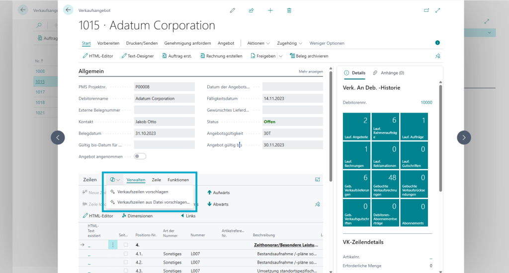 Verkaufschancen gezielt erkennen in Microsoft Dynamics 365 Business Central: Die Ansicht eines Verkaufsangebots zeigt ein hervorgehobenes Menü mit Funktionen wie ‚Verkaufszeilen vorschlagen‘, die dabei helfen, durch intelligente Datenverarbeitung und automatisierte Vorschläge neue Potenziale im Vertriebsprozess effizient zu identifizieren und zu nutzen.