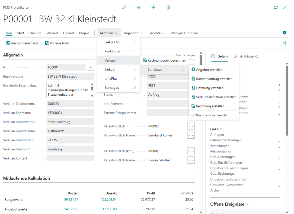 Eine Ansicht der smartPROJECT Projektkarte in Microsoft Dynamics 365 Business Central. Flexible Rechnungsmodelle in smartPROJECT: Die Software ermöglicht eine bedarfsgerechte Fakturierung direkt aus der Projektkarte heraus, einschließlich der automatisierten Erstellung von Angeboten, Rechnungen und anderen Verkaufsbelegen für eine effiziente Projektabwicklung.
