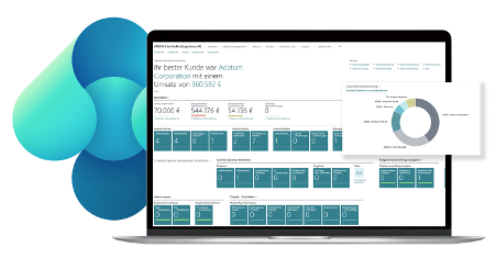 Im Hintergrund ist das charakteristische, dynamische Logo von Microsoft Dynamics 365 Business Central zu sehen, dessen organische, ineinandergreifende Formen in verschiedenen Blau- und Türkistönen gehalten sind. Davor präsentiert sich, auf einem modernen Monitor dargestellt, das zentrale Dashboard. Diese Ansicht bietet eine strukturierte Zusammenfassung aller relevanten Projektkennzahlen und sorgt dafür, dass Umsatzstatistiken sowie aktuelle Aktivitäten direkt auf einen Blick erfasst werden können.